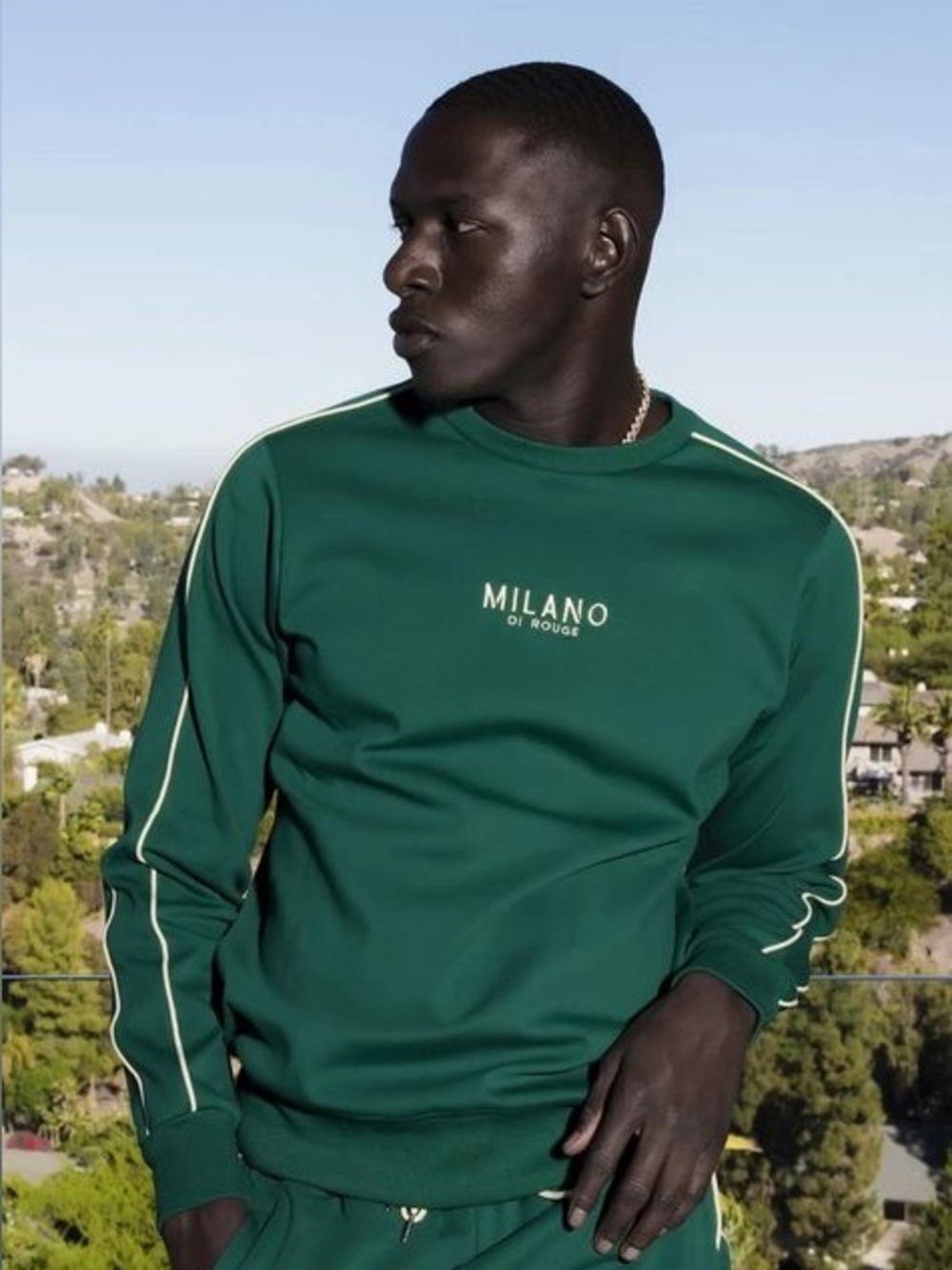 Milano Di Rouge Green Crewneck Sweater with Yellow Logo Piping